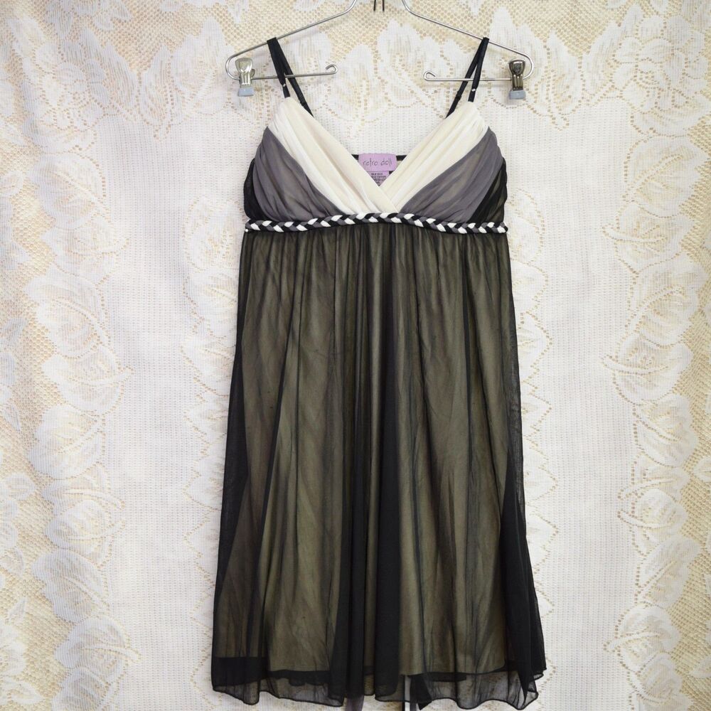 Retro Doll Y2K Womens Sz Small Babydoll Style Dress Mini Black Sheer Gray White
